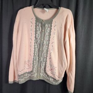 Champ Napa Valley Pink Gray Embroidered Grandma Cardigan Sweater Women M pearl‎